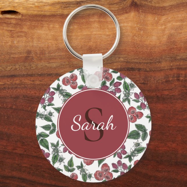 Porte-clés Vintage Raspberry Leaves Illustration Personalised (Recto)