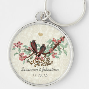 Porte-clés Vintage Red Birds Pink Flowers Wedding Key Chain