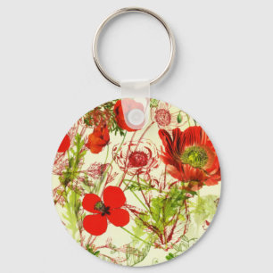 Porte-clés Vintage Red Green Poppies Fleurs sauvages d'été