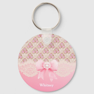 Porte-clés Vintage Rose Floral Rose Ruban Et Monogramme Dente