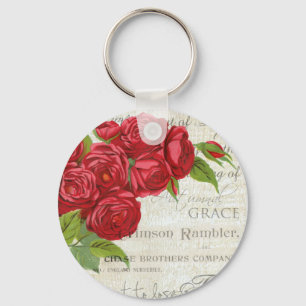 Porte-clés Vintage Shabby Chic Roses Rouges Antique Script