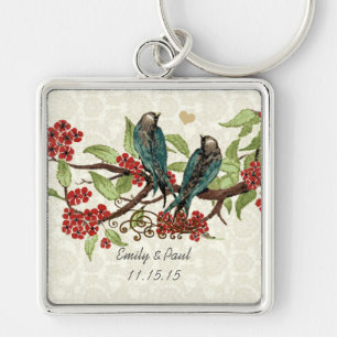 Porte-clés Vintage Teal Birds Red Flowers Wedding Key Chain