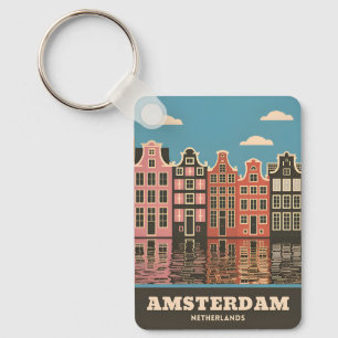 Porte-clés Vintage voyage Amsterdam Pays-Bas Canal Maisons