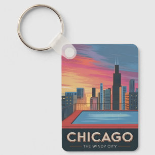 Porte-clés Vintage voyage Chicago Sunset Skyline Cityscape