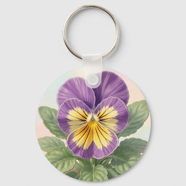 Porte-clés Violet Jaune Vibrant Fleur de Pensée Botanique  (Recto)