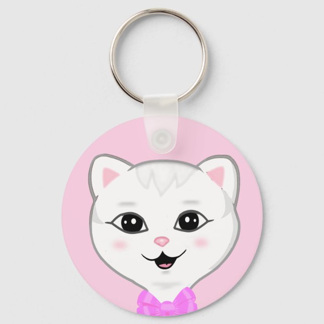 Porte-clés Visage de chat blanc mignon sur fond rose clair (Recto)