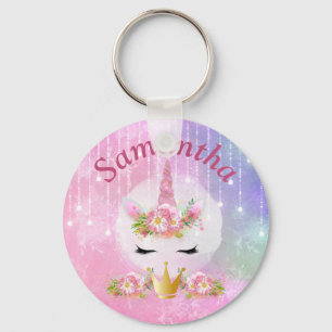Porte-clés Visage de licorne mignonne, fleurs roses
