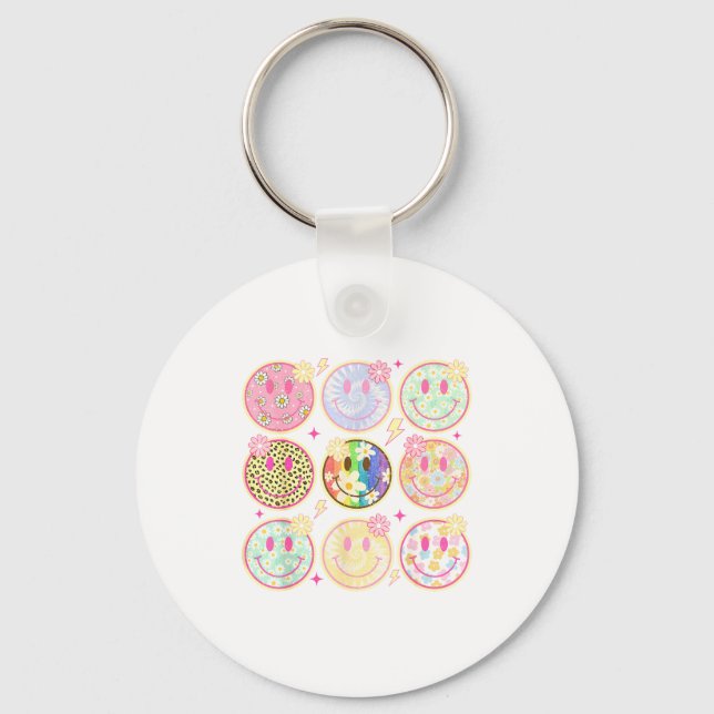 Porte-clés Visage Fleur Souriant Groovy Rétro Damier (Recto)