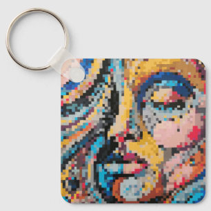 Porte-clés Visage pixelisé abstrait coloré