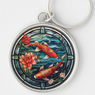 Porte-clés Vitrail asiatique style Koi Poisson et Camellias