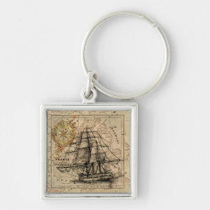 Porte-clés Voilier vintage et vieille carte européenne