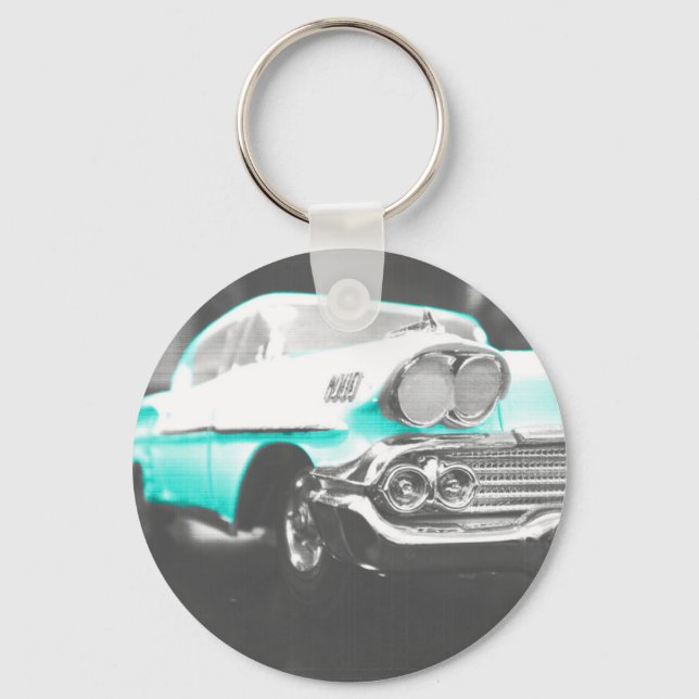 Porte-clés voiture classique Chevrolet Impala 1958 bleu vif (Recto)