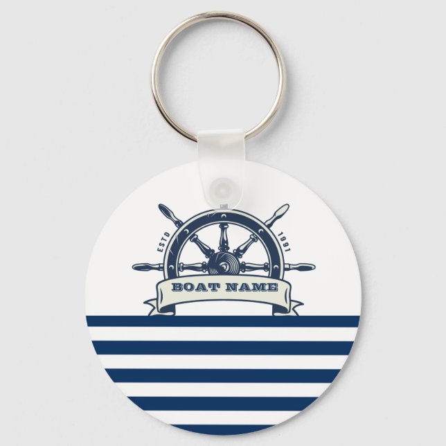 Porte-clés Volant de Bateau Naustique, Rayures Blanches Bleu  (Recto)