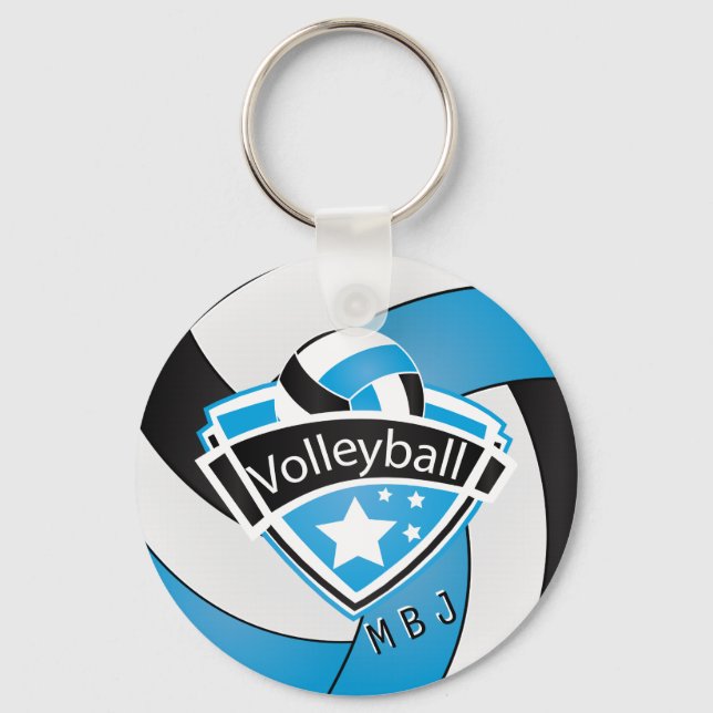 Porte-clés Volley-ball - Monogramme - Bleu bébé, Blanc & Noir (Recto)