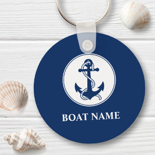 Porte-clés Votre nom de bateau Ancre & corde Marine Blue