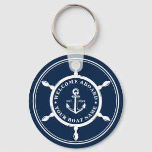 Porte-clés Votre nom de bateau Ancre Marine Blue Custom