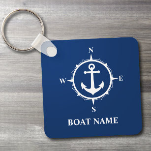 Porte-clés Votre nom de bateau Compass Ancre Bleu