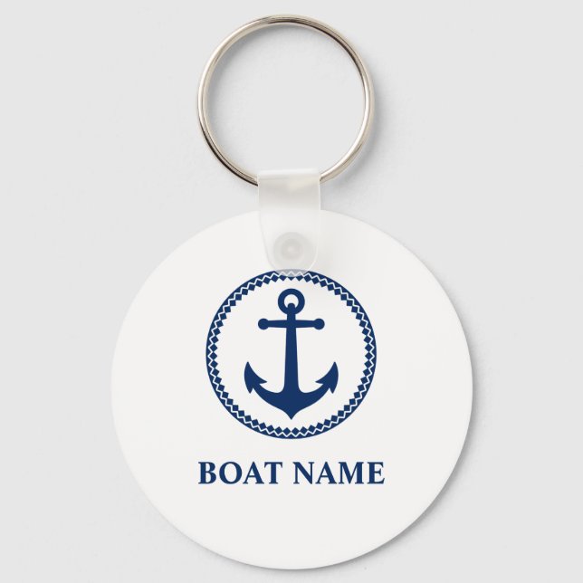Porte-clés Votre nom ou nom de bateau Ancre marine Bleu blanc (Recto)