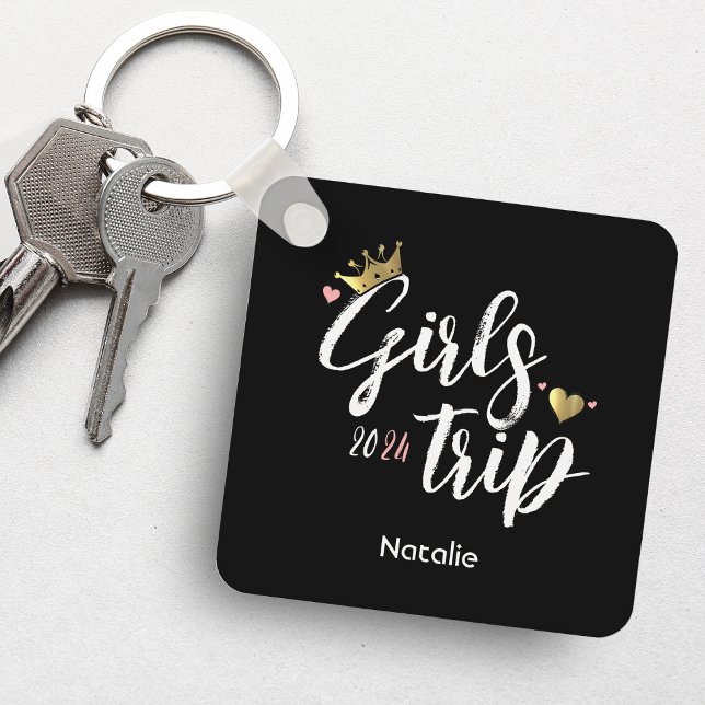 Porte-clés Voyage de filles Couronne dorée Cœur rose Photo Va (Girls Trip Gold Crown Pink Heart Photo Vacation Keychain
)
