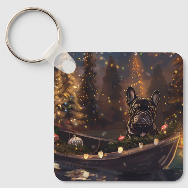 Porte-clés Voyage de Noël Festif de Bouledogue Français (Recto)