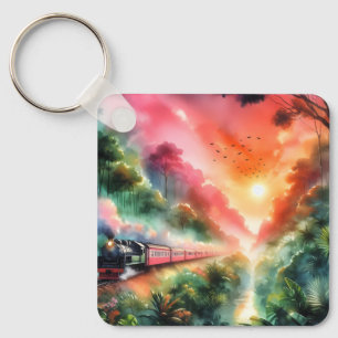 Porte-clés Voyage en train au coucher de soleil tropical aqua