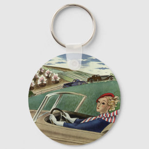 Porte-clés Voyage Vintage, Femme Élégante dans une Voiture Dé