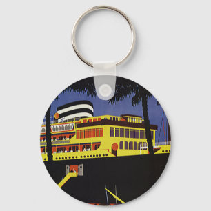 Porte-clés Voyage Vintage, paquebot Art Déco dans un port