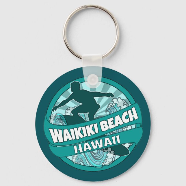 Porte-clés Waikiki Beach Hawaii logo turquoise surfer porte - (Recto)