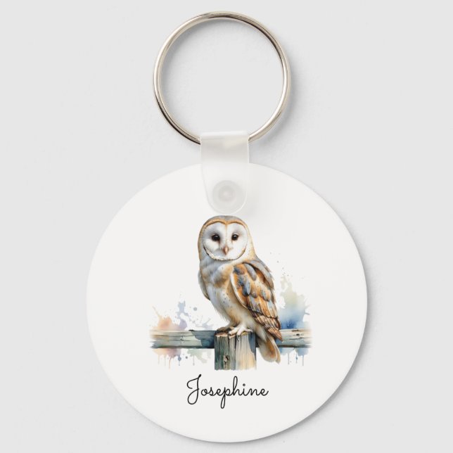 Porte-clés Watercolor Barn Owl Elegant Personalized Name (Recto)