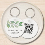 Porte-clés Watercolor Greenery Landscape Designer QR Code<br><div class="desc">This landscape designer key chain is decorated with watercolor greenery and is easily customizable with your QR Code. 
Use the Design Tool to change the text size,  style,  or color.
Original Watercolor © Michele Davies.</div>