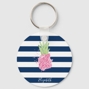 Porte-clés Watercolor Pineapple Tropical ,Navy Blue Striped