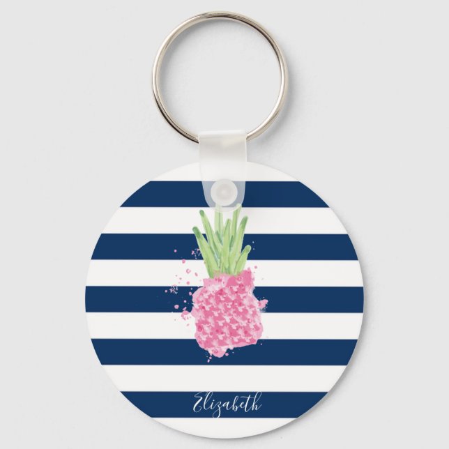 Porte-clés Watercolor Pineapple Tropical ,Navy Blue Striped   (Recto)