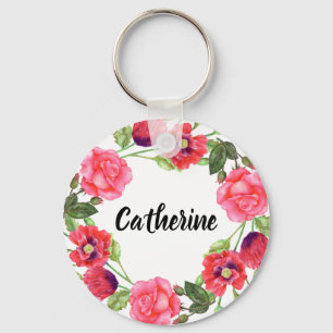 Porte-clés Watercolor Red and Pink Flowers Wreath Circle
