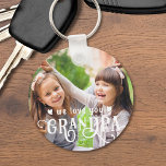 Porte-clés We Love You Grandpa 1-2 Photos Custom Color<br><div class="desc">Create a special photo keychain gift for a wonderful grandfather featuring 1 or 2 pictures (one on each side) and WE LOVE YOU GRANDPA in a modern, fancy calligraphy typography accented with hearts in your choice of colors to accent your picture(s). Wonderful gift from his grandchild or grandkids for Grandparent's...</div>