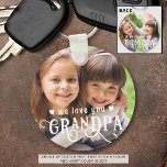 Porte-clés We Love You Grandpa 1-2 Photos Custom Color<br><div class="desc">Create a special photo keychain gift for a wonderful grandfather featuring 1 or 2 pictures (one on each side) and WE LOVE YOU GRANDPA in a modern, fancy calligraphy typography accented with hearts in your choice of colors to accent your picture(s). Wonderful gift from his grandchild or grandkids for Grandparent's...</div>