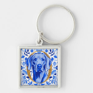 Porte-clés Weimaraner regardant à travers la lettre "O" en or