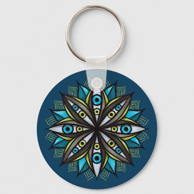 Porte-clés Weird Eyes Mandala Art - Trippy Flower Blue Green (Recto)
