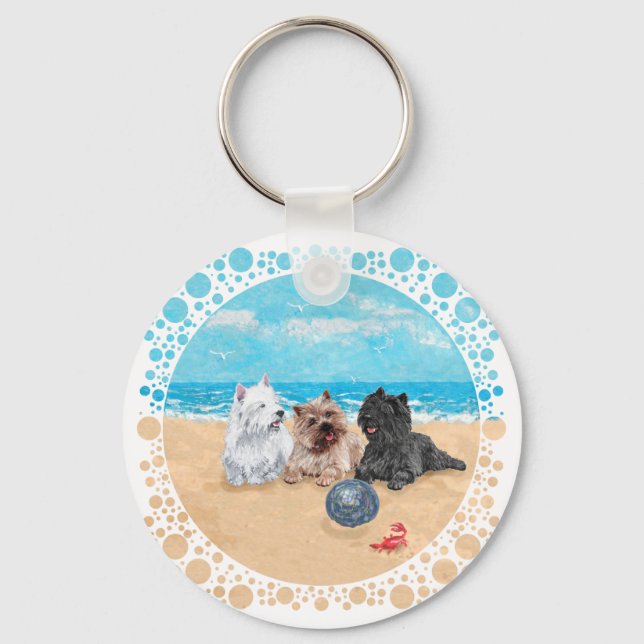 Porte-clés Westie avec des terriers Cairn à la plage (Recto)
