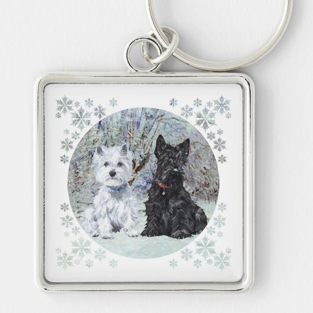Porte-clés Westie et Scottie dans un paysage enneigé (Devant)