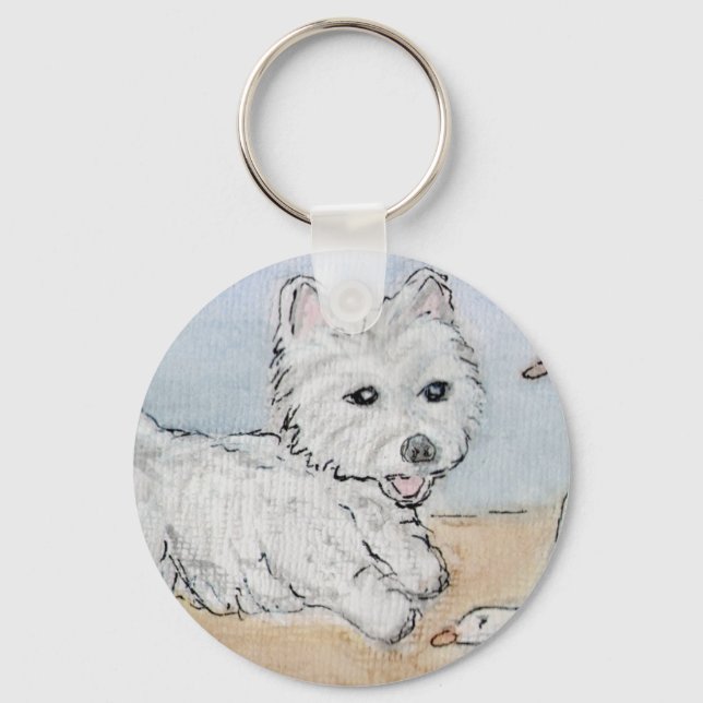 PORTE-CLÉS WESTIE JOUANT SUR LA PLAGE (Recto)