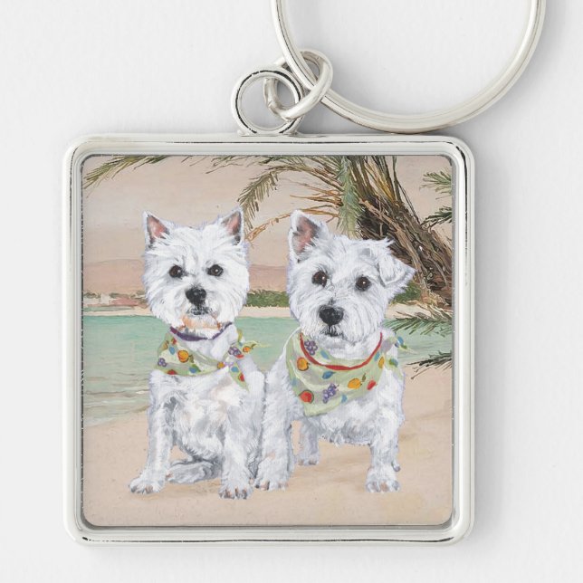 Porte-clés Westies sur une plage de palmiers (Devant)