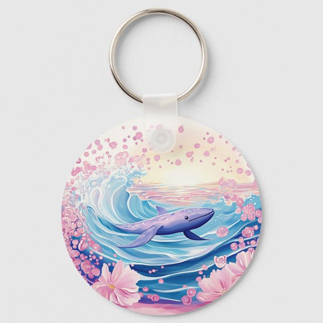 Porte-clés Whimsical Blue And Pink Whale Art (Recto)