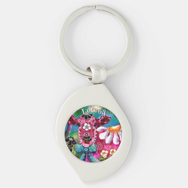 Porte-clés Whimsical Floral Cow Pink Teal Black Personalized (Devant)