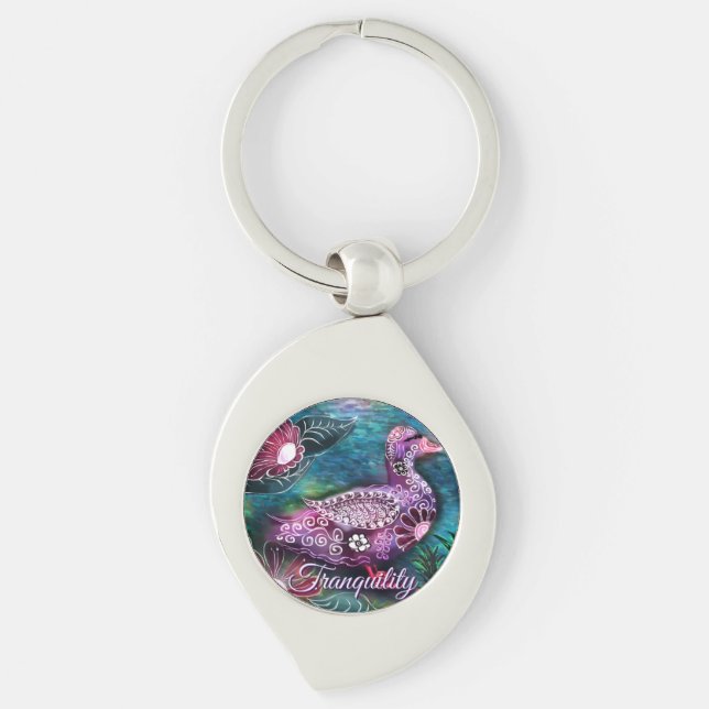 Porte-clés Whimsical Floral Duck Purple Teal Personalized (Devant)