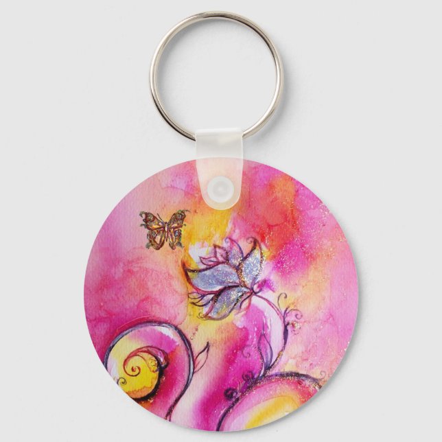 Porte-clés WHIMSICAL FLOWERS & BUTTERFLIES pink yellow blue (Recto)