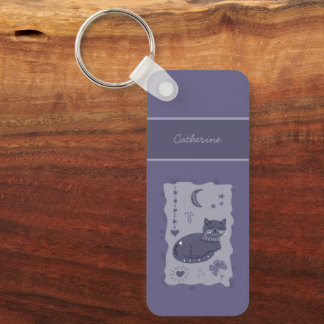Porte-clés Whimsical Night Cat Folk Art Custom Keychain