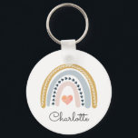 Porte-clés Whimsical Personnalisé Boho Rainbow<br><div class="desc">Arc-en-ciel fantaisiste personnalisé avec porte - clé de coeur rose,  avec votre nom dans une jolie typographie de script. Style mignon et fantaisiste. Pour les enfants ou les adultes.</div>