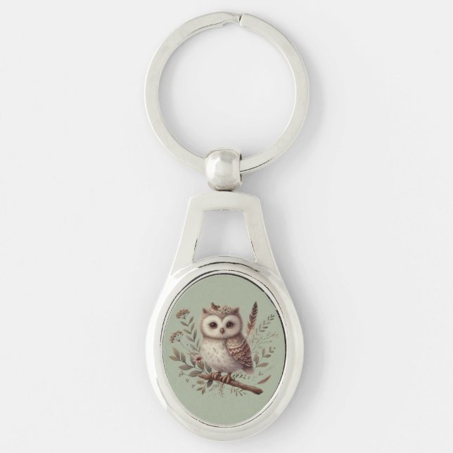 Porte-clés Whimsical Woodland Owl Botanical Illustration (Devant)