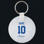 Porte-clés White Blue Team Soccer Ball Personalized Name<br><div class="desc">Enter a name,  number and team. Give the gift of his coach and friends. Digital art with the theme soccer. Modern white and blue ball. Art by José Ricardo</div>