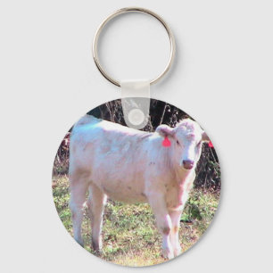 Porte-clés White Cow With Tagged Ears In A Wide Meadow
